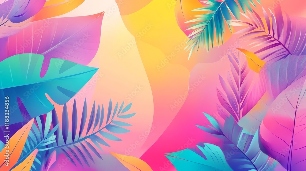 Fototapeta premium Vibrant tropical leaves with colorful abstract background