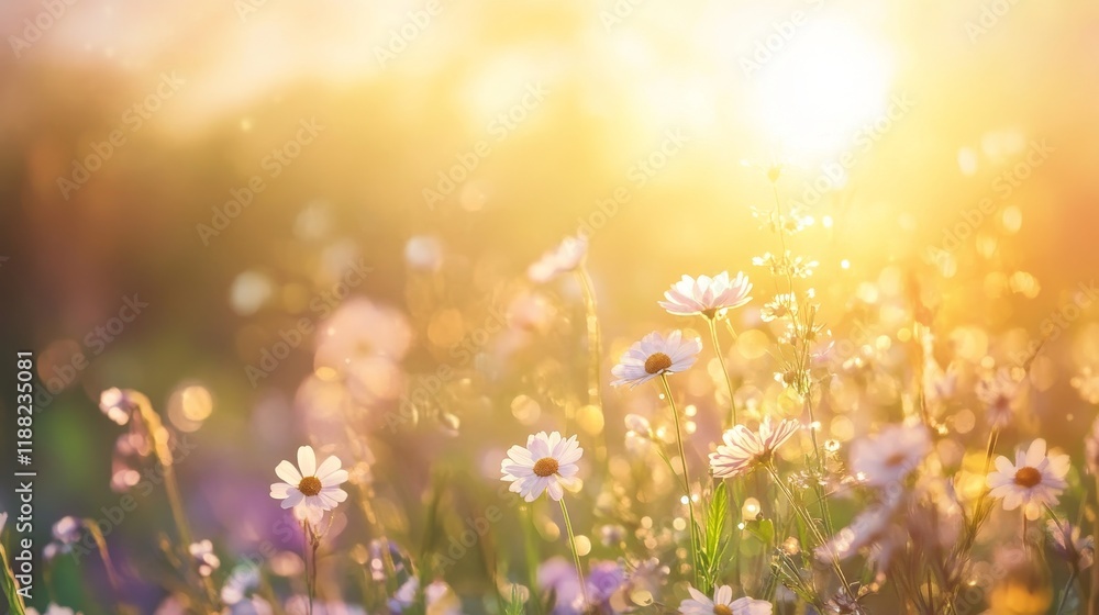 Fototapeta premium Sunlit wildflower meadow at golden hour with daisies