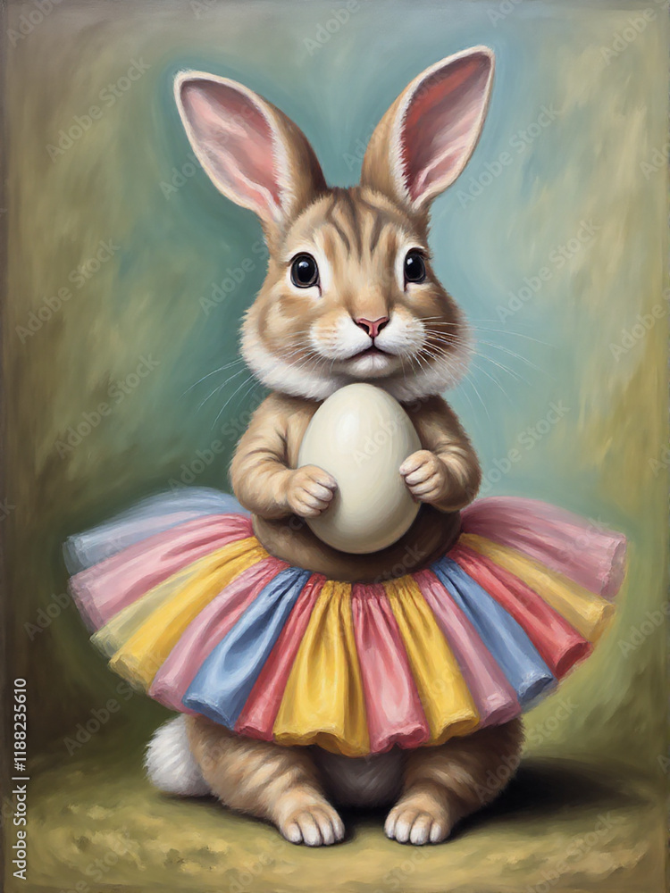 Fototapeta premium A whimsical and colorful illustration of a rabbit in a tutu, holding an egg, perfect for Easter-themed designs.