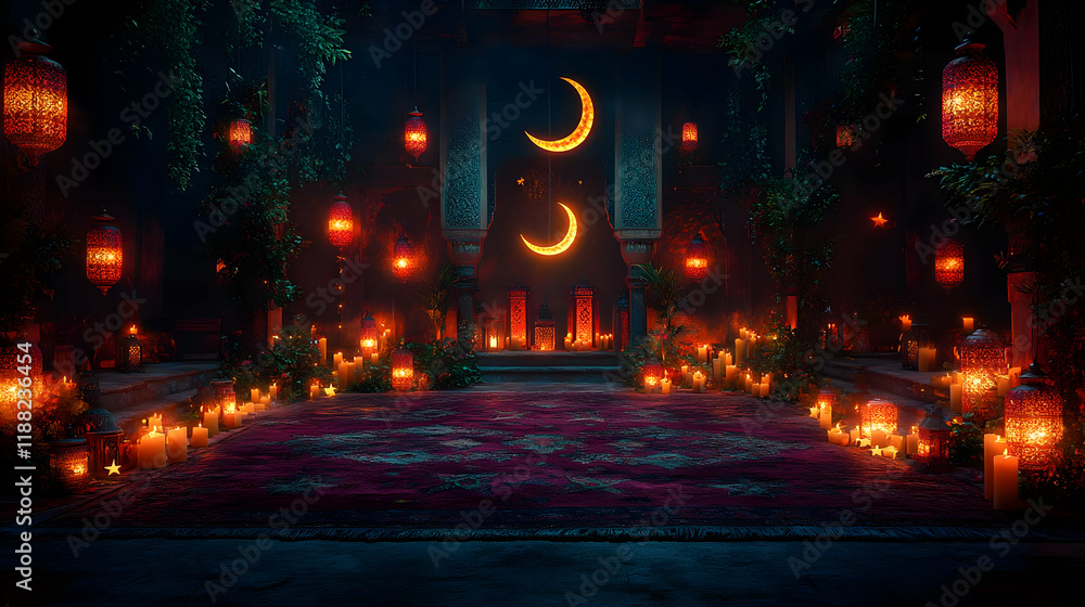 Enchanted Garden at Night with Candlelight and Crescent Moon Enchanted Garden at Night with Candlelight and Crescent Moon