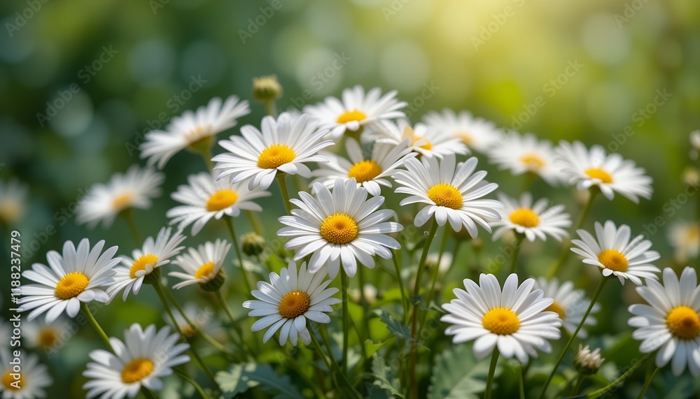 A close-up of a field of white daisies with yellow centers, bathed in sunlight, creating a serene and vibrant atmosphere. A close-up of a field of white daisies with yellow centers, bathed in sunlight, creating a serene and vibrant atmosphere.