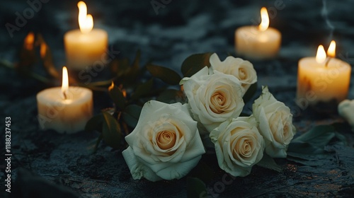 A serene arrangement of white roses and glowing candles, creating a tranquil and romantic atmosphere. photo