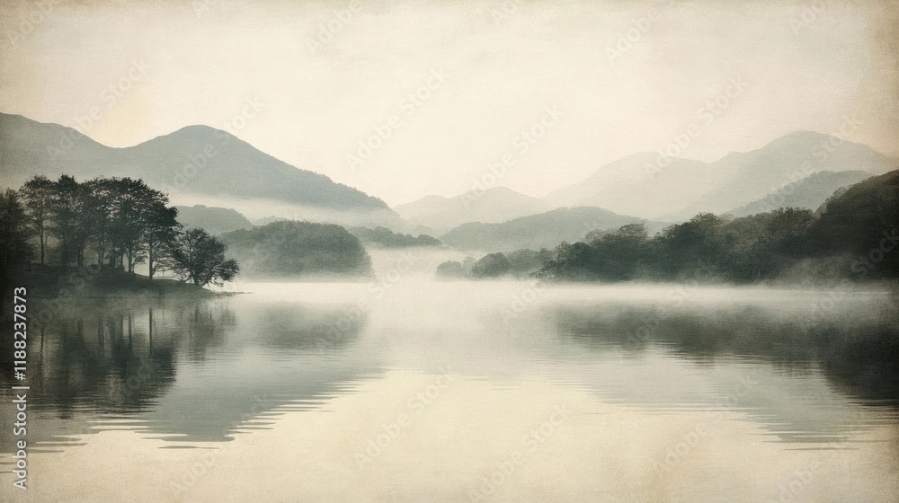 Fototapeta premium Serene Misty Mountain Lake Landscape Reflection