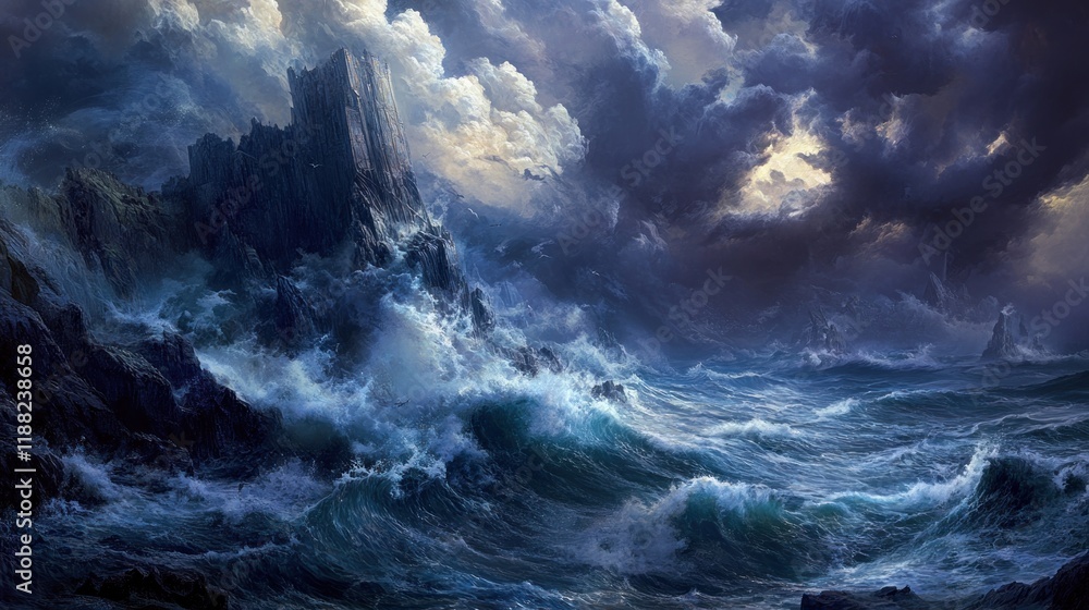 Fototapeta premium Dark Stormy Seas Crash Against Rugged Cliffs