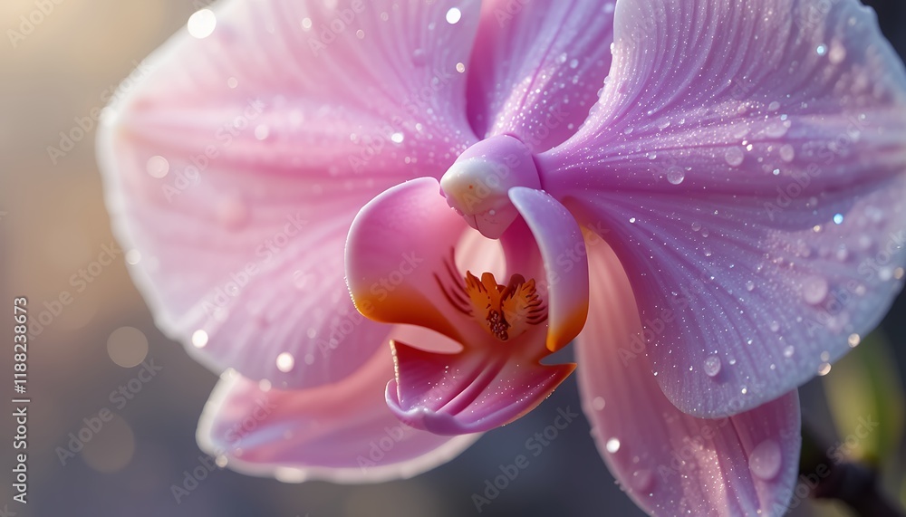 Fototapeta premium Close-up of a pink orchid flower with water droplets, captured in soft natural light.
