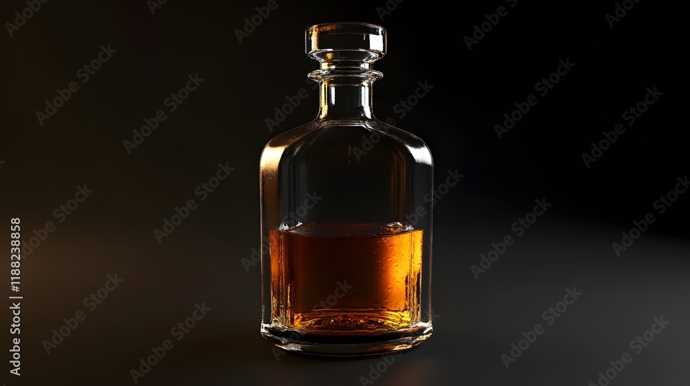 Elegant Glass Bottle Filled with Amber Liquid on Dark Background Elegant Glass Bottle Filled with Amber Liquid on Dark Background