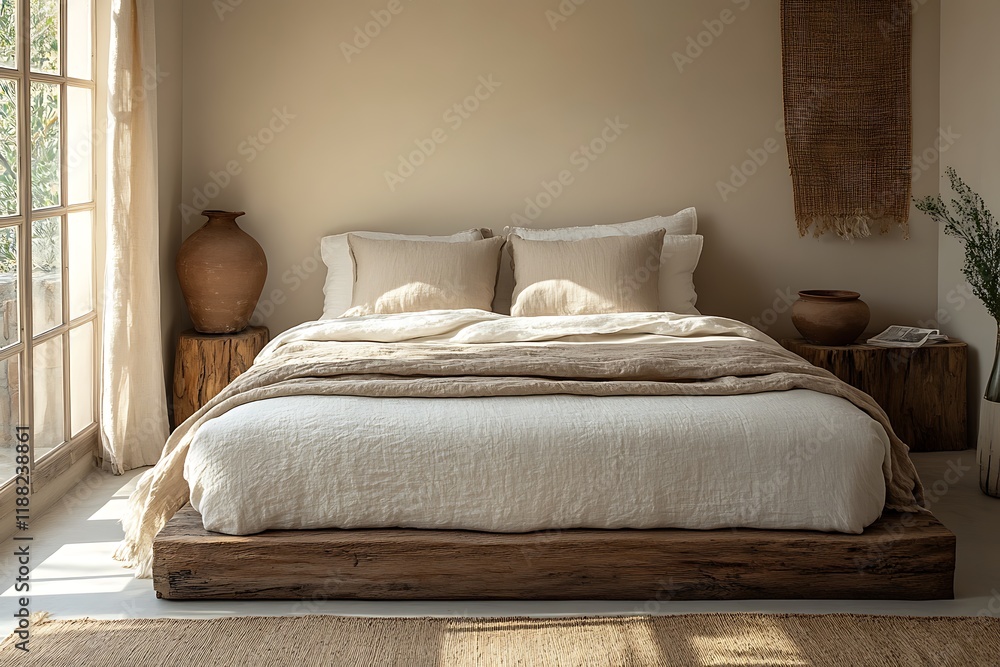 A minimalist bedroom with a wooden bed frame and linen sheets, accented by clay pottery A minimalist bedroom with a wooden bed frame and linen sheets, accented by clay pottery
