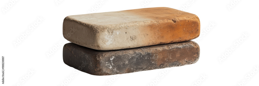 Fototapeta premium Asymmetrical Brick Stack, three bricks arranged in a unique formation, minimalistic aesthetic, set against a clean white backdrop