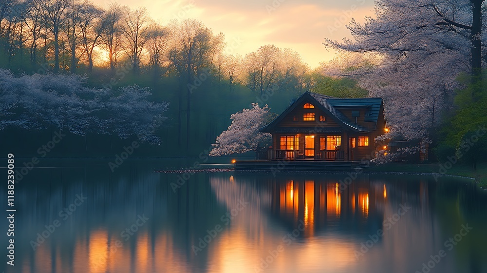 Fototapeta premium Illuminated Lakeside Cabin at Sunset Amongst Trees