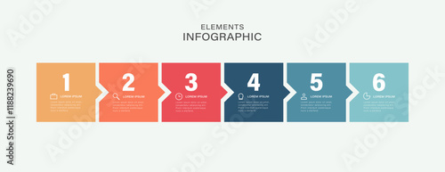 Business process. Timeline infographics with 6 steps, options, squares. Vector template.