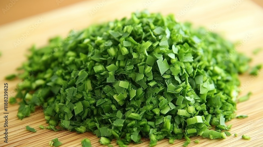 Finely Chopped Chives on a Wooden Board Finely Chopped Chives on a Wooden Board