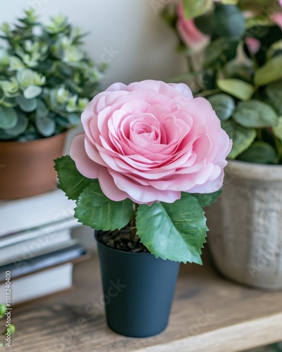 Single Pink Artificial Rose In A Dark Pot photo