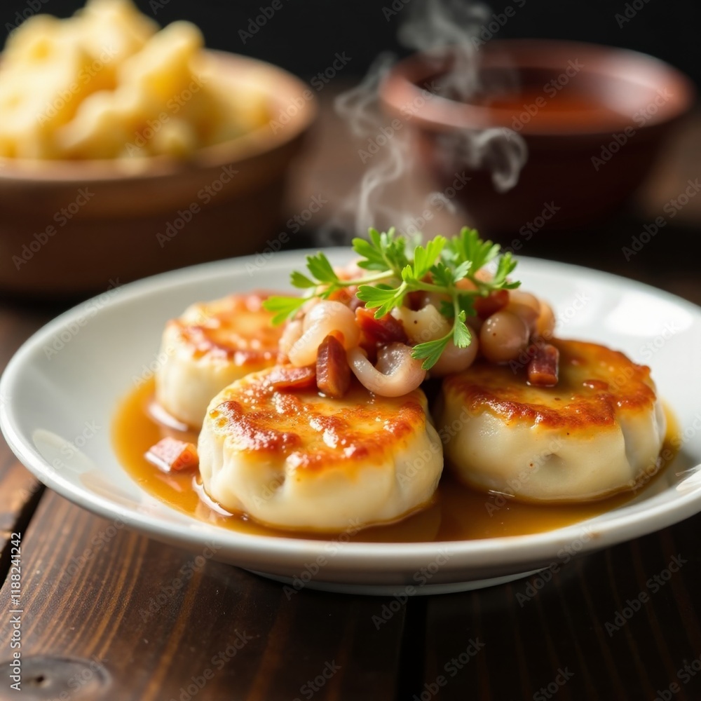 Steaming basket of juicy homemade dumplings with crispy onion and bacon, steamed, onion, plate Steaming basket of juicy homemade dumplings with crispy onion and bacon, steamed, onion, plate