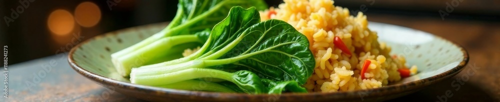 steamed bok choy on a plate with a side of fried rice , healthy eating, kitchen scene, nutrition steamed bok choy on a plate with a side of fried rice , healthy eating, kitchen scene, nutrition