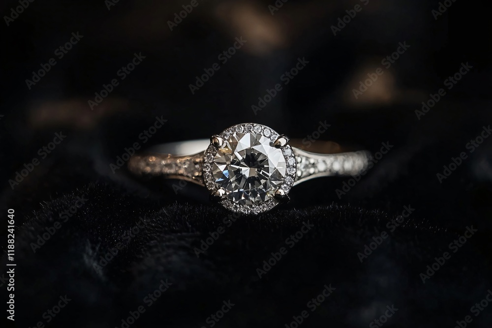 Stunning diamond ring rests on dark velvet, capturing the essence of luxury, romance, and everlasting commitment Stunning diamond ring rests on dark velvet, capturing the essence of luxury, romance, and everlasting commitment