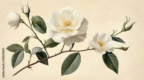 Branch of white rose with green leaves, representing purity, romance, and natural beauty, ideal for weddings, floral designs, and love-themed concepts. 