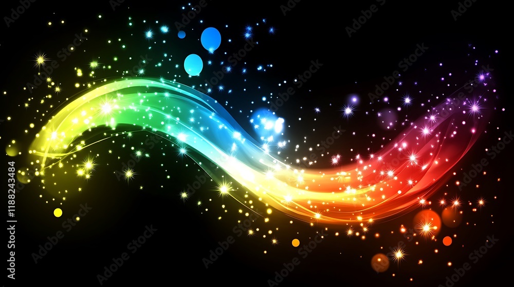 Obraz premium Rainbow Light Waves Sparkle Across Dark Background