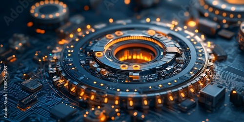 Wallpaper Mural Futuristic tech circuit board detail, glowing orange lights,  background texture, digital design Torontodigital.ca