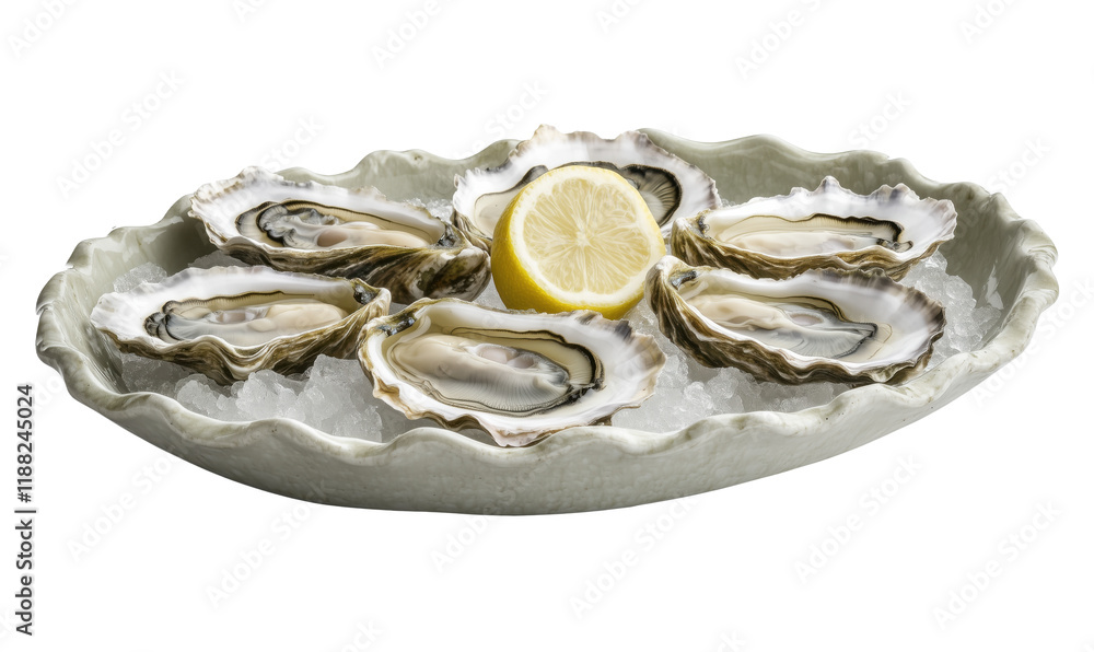 Oysters on ice with lemon slice, elegant presentation, fresh seafood delicacy, served in decorative dish, isolated on transparent background, png Oysters on ice with lemon slice, elegant presentation, fresh seafood delicacy, served in decorative dish, isolated on transparent background, png