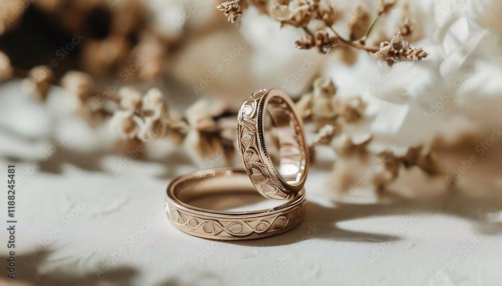 Wedding rings, floral background, close-up, sunlight. Wedding rings, floral background, close-up, sunlight.