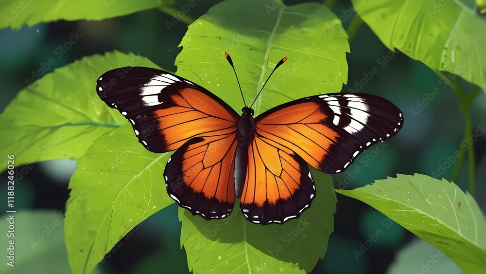 A stunning orange and black butterfly with white-edged wings rests on a vibrant green leaf, showcasing its intricate patterns and the delicate beauty found in nature.
A stunning orange and black butterfly with white-edged wings rests on a vibrant green leaf, showcasing its intricate patterns and the delicate beauty found in nature.