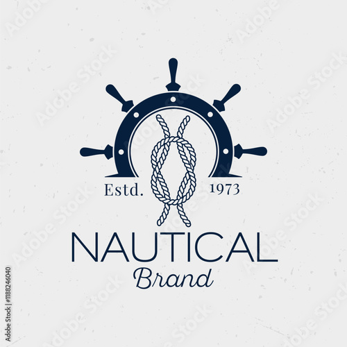 Nautical brand/logo with rope and steering wheel. Marine retro emblem.