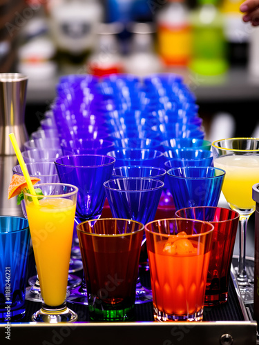 Variety of colorful and vibrant cocktail glasses displayed at a making station ready for use with a deep depth of field photo