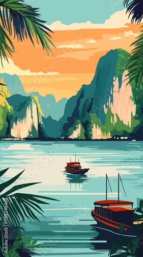 Retro Ha Long Bay Vietnam Travel Poster with Boats and Limestone Mountains