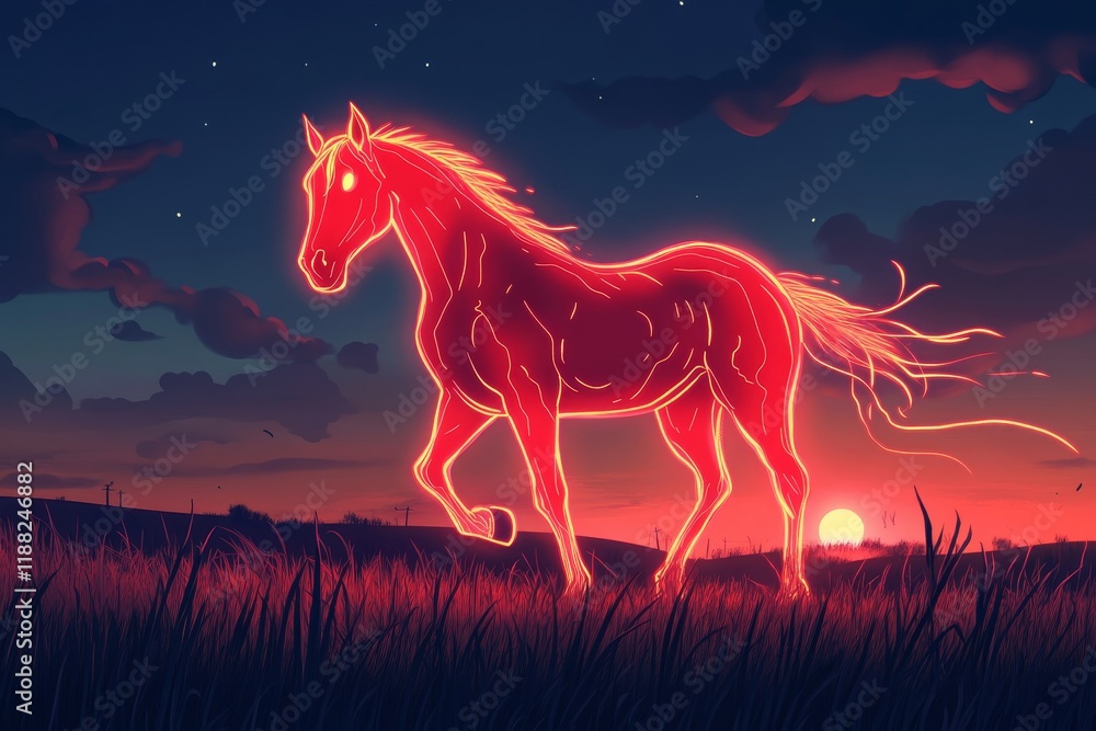 Obraz premium Neon red horse glowing in night landscape with sunset and stars