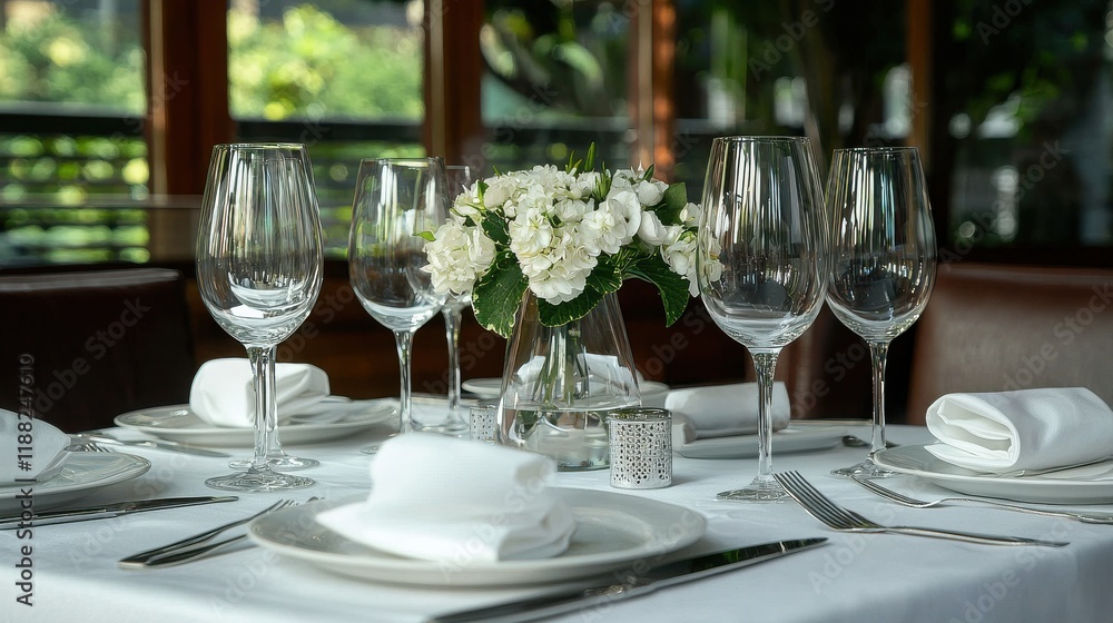 A neatly set restaurant table with plates, cutlery, and wine glasses, ready for guests. A neatly set restaurant table with plates, cutlery, and wine glasses, ready for guests.