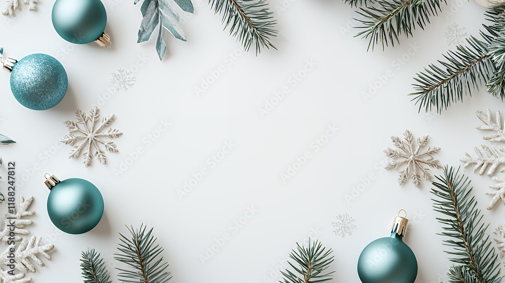 Elegant Christmas Flatlay: Teal Ornaments and Winter Branches Elegant Christmas Flatlay: Teal Ornaments and Winter Branches
