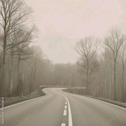 A serene road winds gently through a misty forest. 