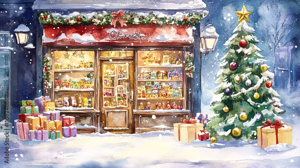 A charming winter scene featuring a cozy chocolate shop adorned with festive decorations and a beautifully decorated Christmas tree. A charming winter scene featuring a cozy chocolate shop adorned with festive decorations and a beautifully decorated Christmas tree.