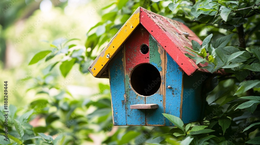 A vibrant, handcrafted birdhouse painted in bright colors, nestled among lush green foliage. A vibrant, handcrafted birdhouse painted in bright colors, nestled among lush green foliage.