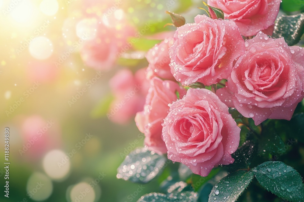 Obraz premium Close up of pink roses with dew in garden.