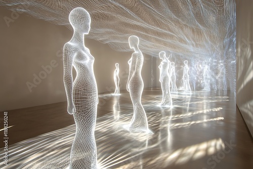 A modern art gallery with intricate wire sculptures and holographic light displays, highlighted by soft natural lighting and detailed shadows photo