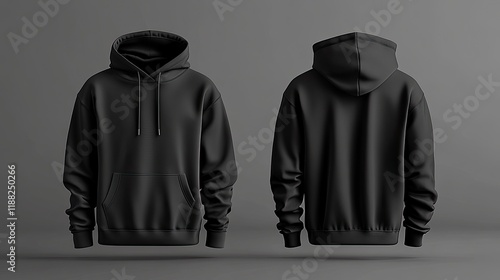 Blank black hoodie mockup showing front and back views for casual apparel, fashion design presentations, and clothing mockups in fashion industry and e-commerce design projects