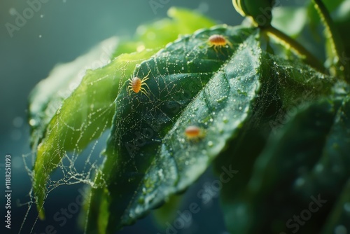 Spider mites destroy indoor plant leaves  close up view. photo