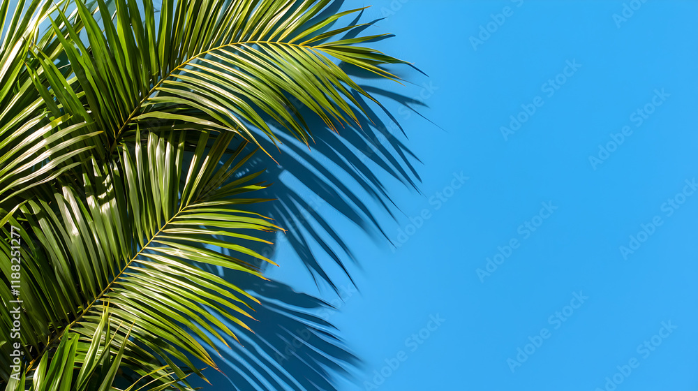 A vibrant blue background features a lush palm leaf casting shadows. A vibrant blue background features a lush palm leaf casting shadows.