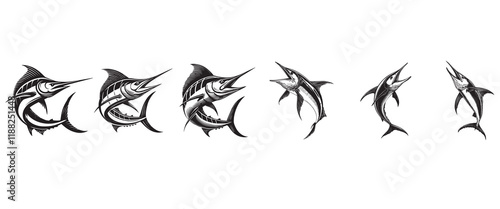 Black marlin fish vector illustration, Sea fish different poses Design
