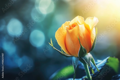 Rose bud close up on a natural blurred background. Yellow rose  Friesia  Korresia  Sun Sprite. photo