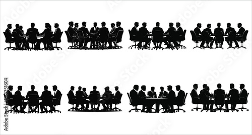 Business team meeting silhouettes in a office vector. Corporate businessman meeting silhouettes. Team of businessmen meeting silhouettes at office vector illustration