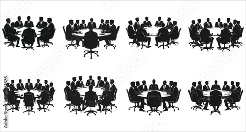 Professional businessman meeting silhouettes vector. Corporate businessman meeting silhouettes at office vector design. Office business meeting silhouettes vector illustration
