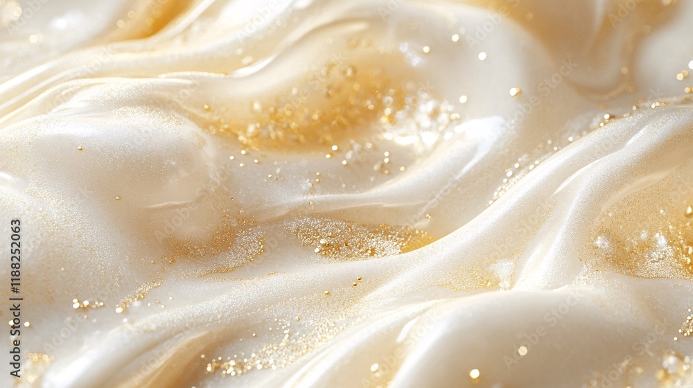 A close-up view of creamy golden texture, shimmering with fine glitter, creating a luxurious and elegant feel. A close-up view of creamy golden texture, shimmering with fine glitter, creating a luxurious and elegant feel.