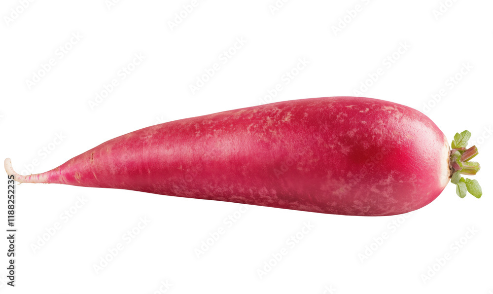 Fresh vibrant pink radish with green leaves, elongated shape, smooth skin, healthy vegetable, ideal for salads and garnishes, isolated on transparent background, png Fresh vibrant pink radish with green leaves, elongated shape, smooth skin, healthy vegetable, ideal for salads and garnishes, isolated on transparent background, png