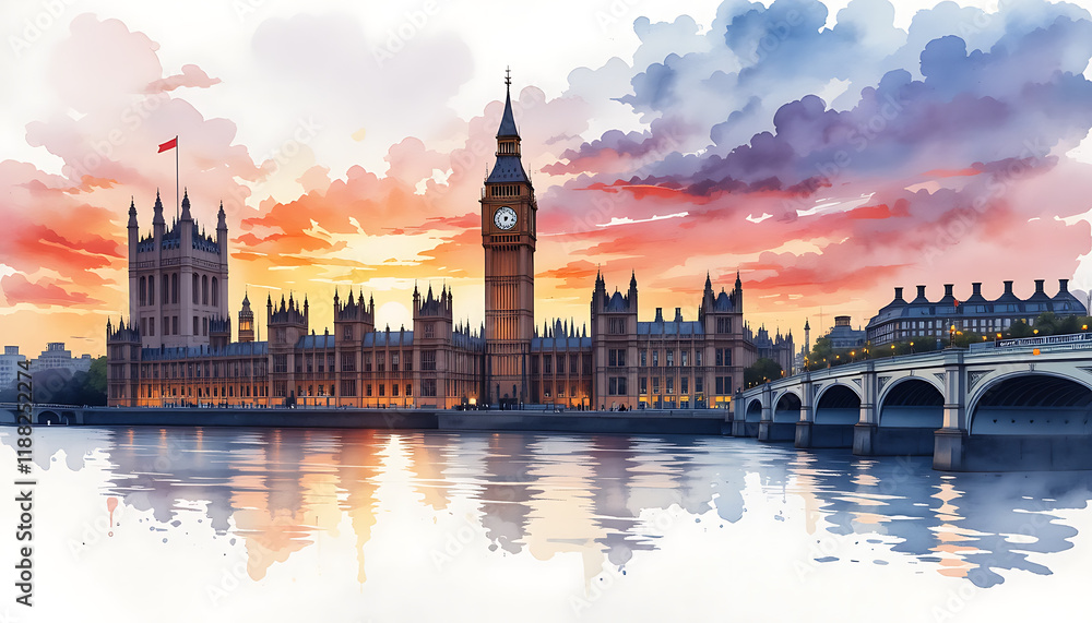 Iconic view of the London skyline featuring Big Ben, Westminster Palace, and the Thames during a vibrant sunset, with colorful skies and tranquil water reflecting the historic architecture. Iconic view of the London skyline featuring Big Ben, Westminster Palace, and the Thames during a vibrant sunset, with colorful skies and tranquil water reflecting the historic architecture.
