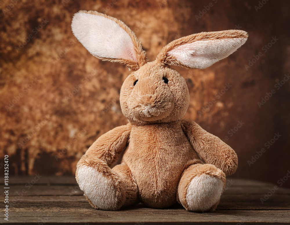 Obraz premium A plush rabbit with long ears set against a weathered, vintage-style grunge background.