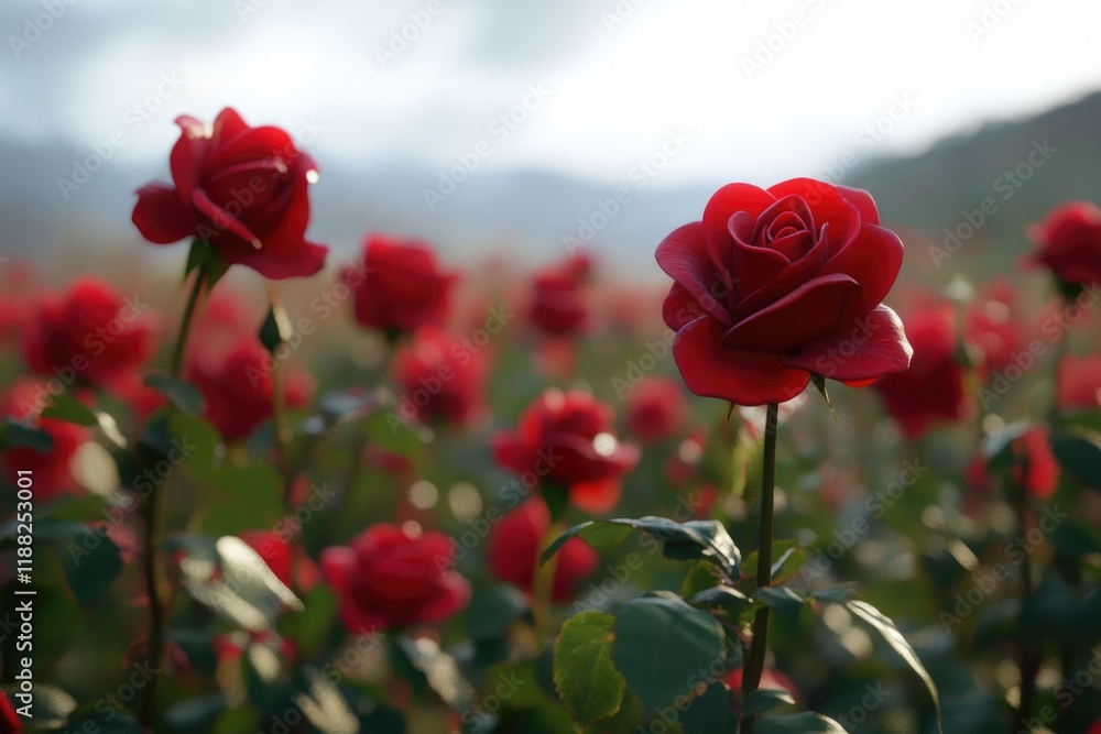 Naklejka premium Focus on red roses in a rose field
