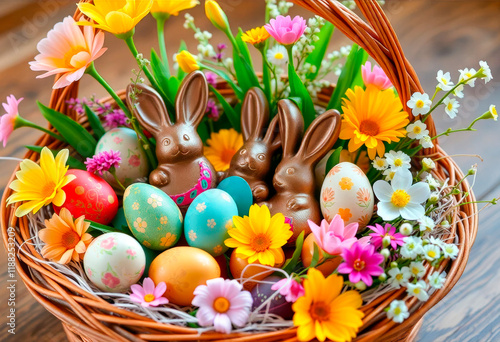 Easter basket filled with colorful decorated eggs, chocolate bunny figurines, and fresh spring flowers, creating a festive and joyful holiday atmosphere on a rustic wooden surface photo