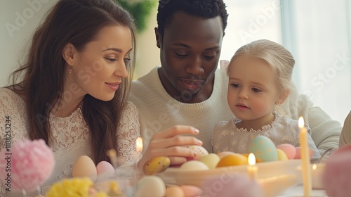 Family bonding over colorful Easter eggs, creating joyful memori photo